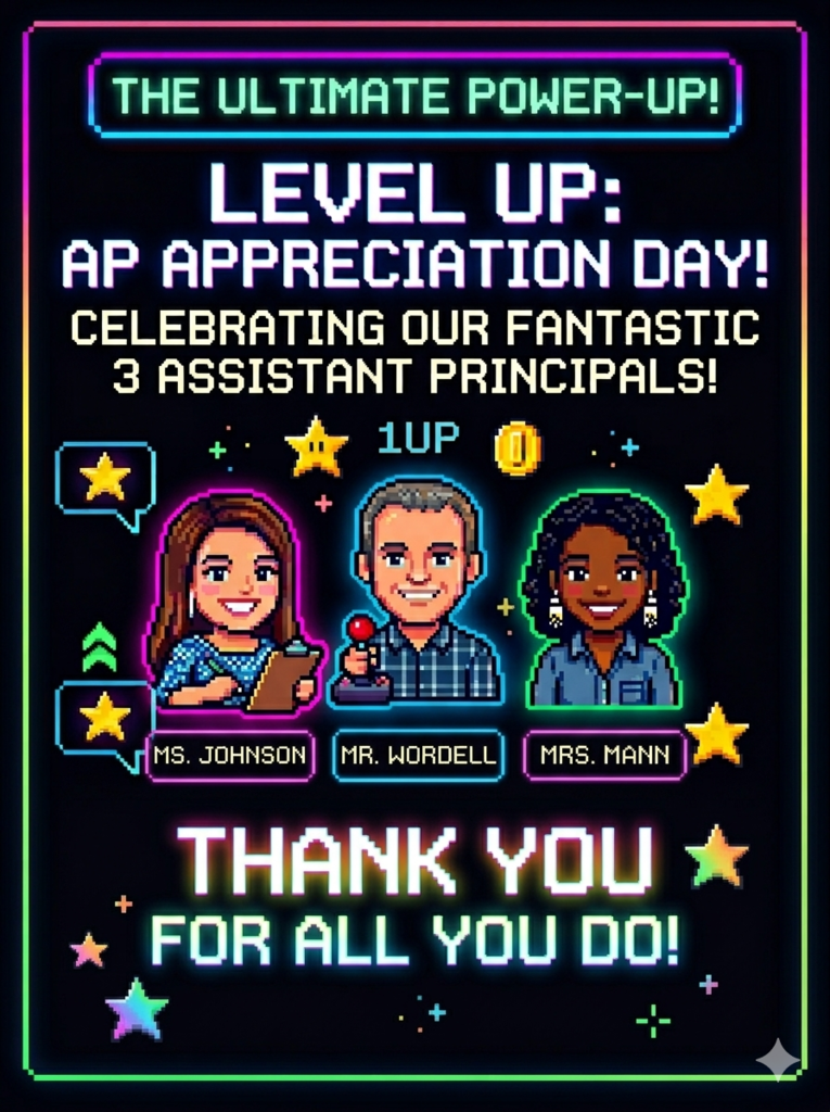 Happy Assistant Principal Week! Celebrating our fantastic 3 AP's, Ms. Johnson, Mr. Wordell, Mrs. Mann.Thank you for all you do!