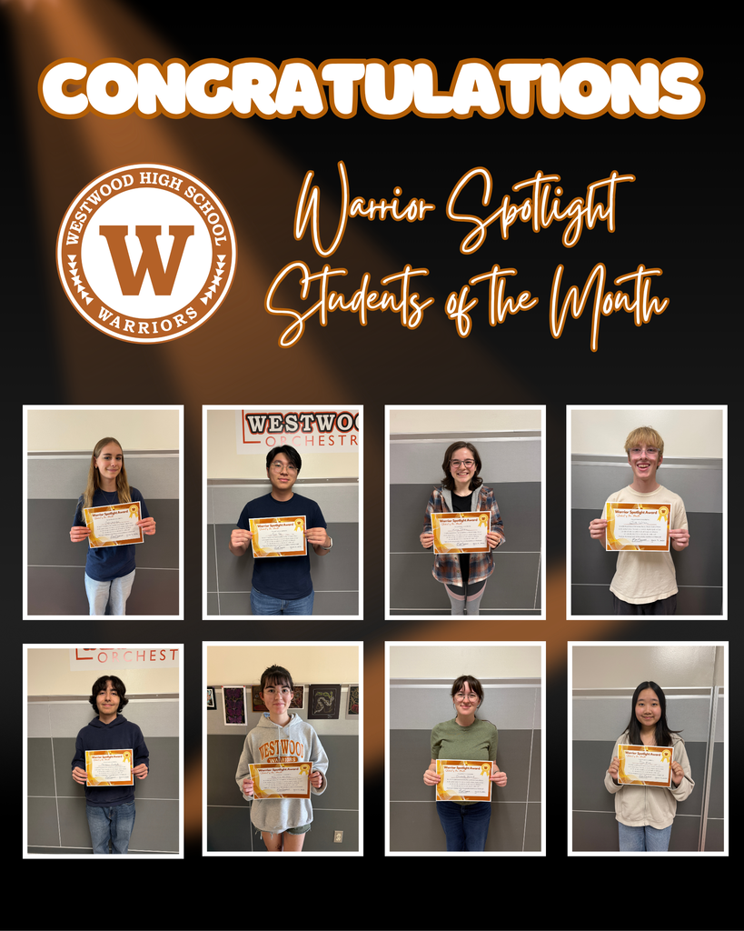 Congratulations Warrior Spotlight Student of the Month; Photos of 8 students holding certificates for their student of the month awards.