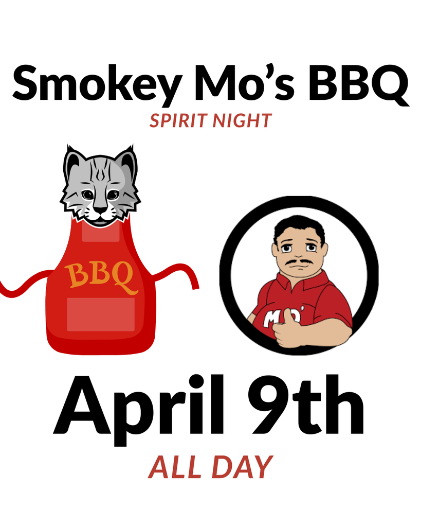 A promotional flyer for "Smokey Mo’s BBQ Spirit Night" on April 9th, All Day. To the left, a gray bobcat mascot (Bobby) wears a red BBQ apron. To the right, a cartoon illustration of a man with a mustache in a red shirt gives a thumbs up.