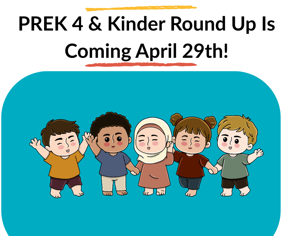 PreK4 & Kinder Round Up is Coming April 29th.  Image of 5 children holding hands