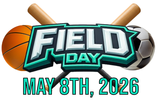 Field Day May 8th, 2026 Logo with basketball, bats, and soccer ball