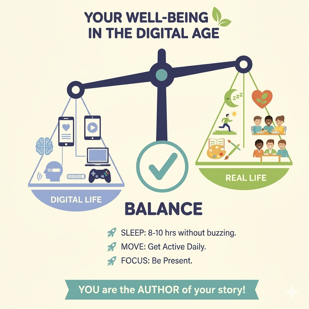 Main Titles YOUR WELL-BEING IN THE DIGITAL AGE  BALANCE  The Scales Left Side: DIGITAL LIFE  Right Side: REAL LIFE  Action Items SLEEP: 8-10 hrs without buzzing.  MOVE: Get Active Daily.  FOCUS: Be Present.  Footer Ribbon YOU are the AUTHOR of your story!