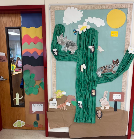 A photograph of a cactus, animals, clouds, and sun made out of paper on a wall with the word east next to a door with different color construction paper on it. 