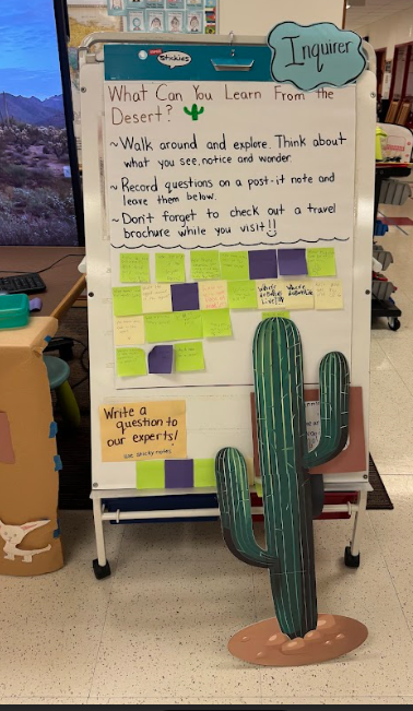 Board with the question: What can you learn form the desert. Text: Walk around and explore. Thnk about what you see, notice, and wonder. Record questiosn on a post it note and leave them below. Don't forget ot check out a travel brochuer while you visit. Sticky notes on board with paper that says: Write a question to our experts! Use Sticky Notes. With a cactus in front. 