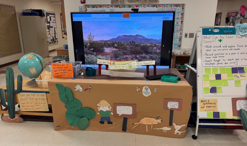 Photograph of screen that has an image of a desert, a table covered in paper with a cactus animals, and text on it, a globe, a cactus, a board with the question: What can you learn form the desert? and sticky notes with questions on it