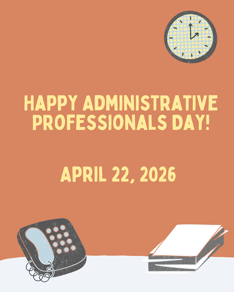 Graphic image for Administrative Professionals Day on a terracotta-colored background. At the top right is a simple illustration of a wall clock, and at the bottom are illustrations of a desk telephone and a stack of papers. In the center, the text reads: "HAPPY ADMINISTRATIVE PROFESSIONALS DAY! APRIL 22, 2026" in a bold, light yellow font.
