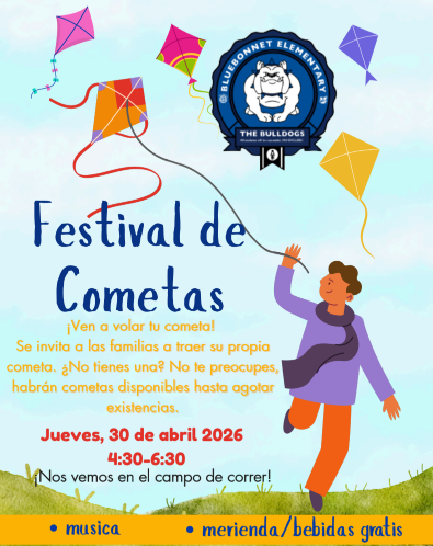 BBE logo with person flying a kite - Festival de Cometas ¡Ven a volar tu cometa!  Se invita a las familias a traer su propia cometa.  ¿No tienes una?  No te preocupes, habrán cometas disponibles hasta agotar existencias. Jueves, 30 de abril 2026 4:30 - 6:30 ¡Nos vemos en el campo de correr! *musica *mereinda/bebidad gratis