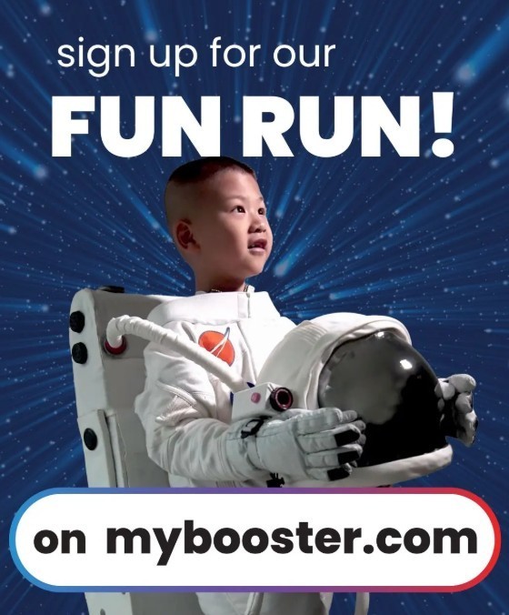 Decorative Image of a fun run at Robertson Elementary with a kid in a space suit and mybooster.com for signing up. 