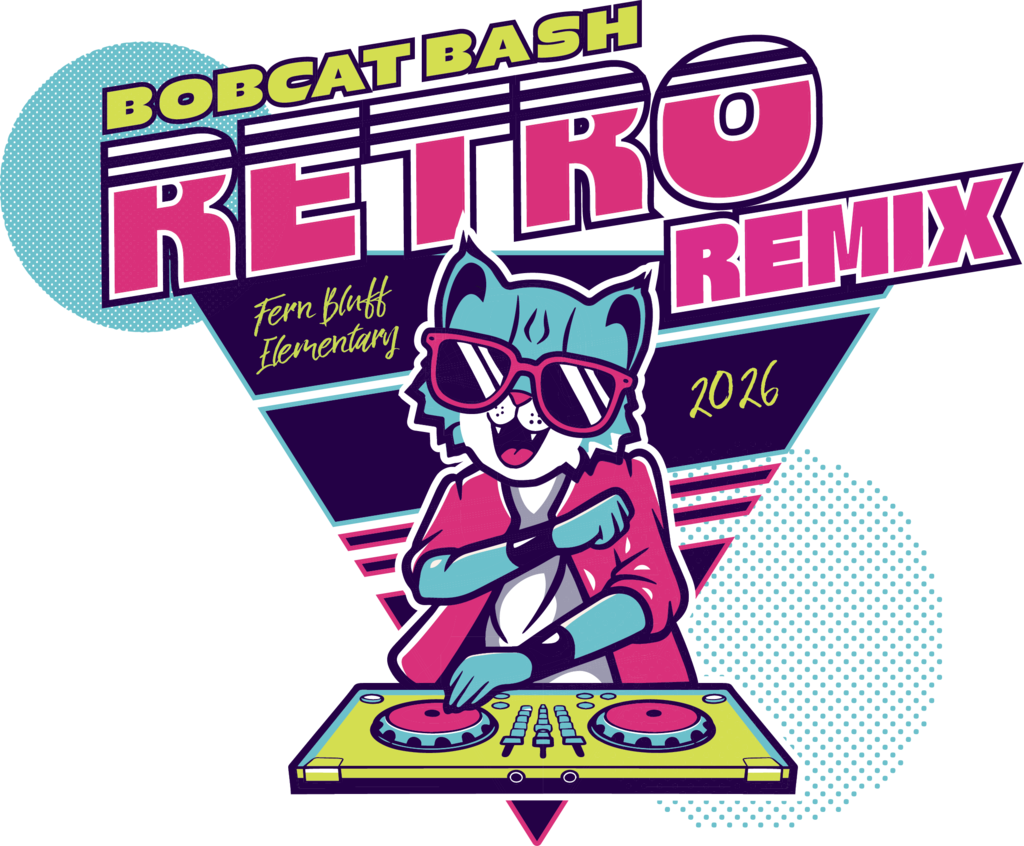 80's style bobcat with pink sunglasses and jacket on. He's the DJ with a yellow sound mixer. There's a blue and pink triangle as the background and the words Retro Remix Bobcat Bash 2026