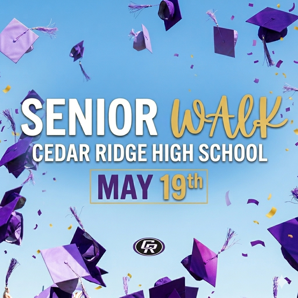 A square graphic image celebrating a graduation event. The background is a clear blue sky filled with thrown purple graduation caps and gold and purple confetti. Large text at the top reads "SENIOR WALK" with "SENIOR" in white block letters and "WALK" in a gold, cursive font. Below this, in smaller white text, is "CEDAR RIDGE HIGH SCHOOL". In the center, a dark blue box features the text "MAY 19th" with "MAY" in purple and "19th" in gold. A small, circular "CR" logo with a school mascot design is at the bottom center.