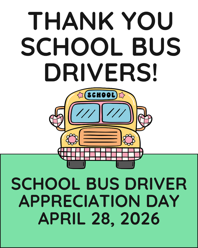 A vertical graphic for School Bus Driver Appreciation Day. The top half has a white background with the bold black text "THANK YOU SCHOOL BUS DRIVERS!" Below the text is a whimsical, hand-drawn style yellow school bus featuring pink flower headlights, heart-shaped mirrors, and a pink checkered bumper. The bottom half of the graphic is a solid mint green block containing the bold black text "SCHOOL BUS DRIVER APPRECIATION DAY APRIL 28, 2026."