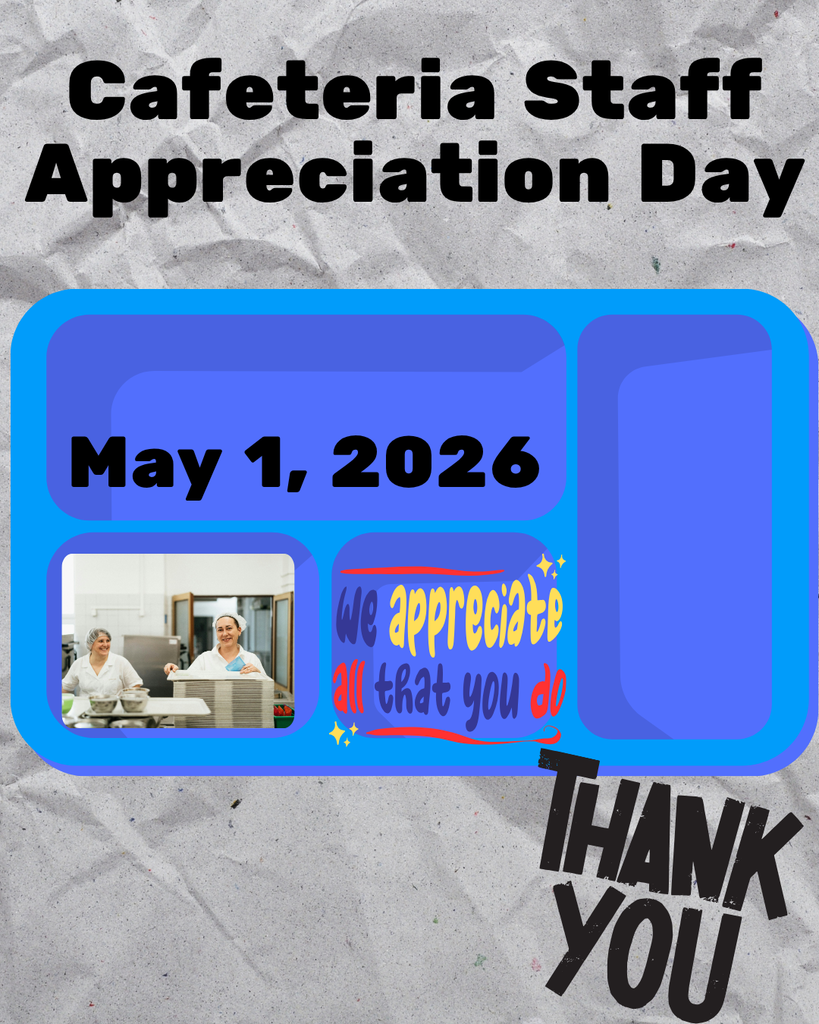 A square social media graphic with a gray, crumpled paper texture background. At the top, bold black text reads "Cafeteria Staff Appreciation Day." The center features a stylized blue lunch tray with several compartments. Inside the top-left compartment is the date "May 1, 2026." The bottom-left compartment contains a photo of two smiling cafeteria workers in white uniforms and hairnets working in a kitchen. The bottom-middle compartment has a colorful, bubbly graphic that says "we appreciate all that you do." In the bottom-right corner, large, slanted black text reads "THANK YOU."
