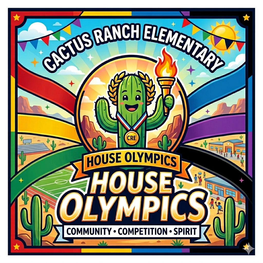 A stylized, multi-colored vintage-style vector illustration for "CACTUS RANCH ELEMENTARY HOUSE OLYMPICS," centered around a smiling saguaro cactus holding an Olympic torch in a desert landscape. Below the central emblem, detailed with a laurel wreath and "CRE" medal, the large main title "HOUSE OLYMPICS" is prominent, with smaller banners that read "HOUSE OLYMPICS" and "COMMUNITY • COMPETITION • SPIRIT" in addition to background details of a football field, school buildings, and six radiating house-color bands (red, yellow, green, blue, purple, and black).