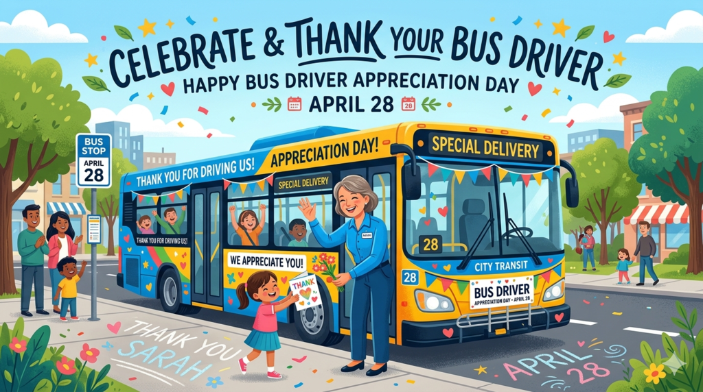 A festive illustrated graphic celebrating Bus Driver Appreciation Day on April 28, featuring a smiling woman bus driver receiving a hand-drawn thank-you card and flowers from a young girl. The modern, colorful city transit bus is decorated with banners, hearts, and messages like "HAPPY BUS DRIVER APPRECIATION DAY!", "THANK YOU FOR DRIVING US!", "SPECIAL DELIVERY", and "WE APPRECIATE YOU!". Passengers, including happy children waving inside the bus, are joined by clapping parents at a bus stop. Text on the ground says "THANK YOU SARAH" and "APRIL 28", while a sign on the front of the bus says "BUS DRIVER APPRECIATION DAY - APRIL 28". The joyful scene includes confetti, stars, trees, and small buildings under a blue sky.