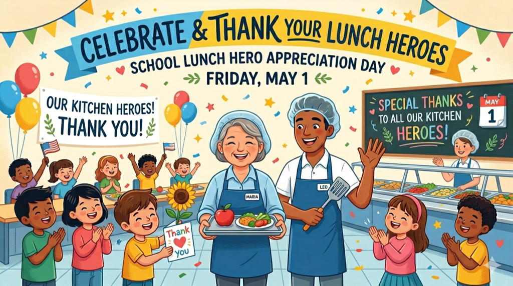 A festive and vibrant illustration for School Lunch Hero Appreciation Day on Friday, May 1.  In the center, two smiling cafeteria workers, a woman named Maria and a man named Leo, wear blue aprons and hairnets while standing behind a serving counter. Maria holds a tray with a healthy meal and a red apple, while Leo waves warmly. They are surrounded by a group of diverse, cheering elementary school children; one child holds a "Thank You" card with a heart and a sunflower.  The background is decorated with colorful balloons, confetti, and banners. A large overhead banner reads, "CELEBRATE & THANK YOUR LUNCH HEROES" and "SCHOOL LUNCH HERO APPRECIATION DAY - FRIDAY, MAY 1". A chalkboard in the background says "SPECIAL THANKS TO ALL OUR KITCHEN HEROES!" next to a calendar page showing May 1. The scene is bright and joyful, celebrating the hard work of school nutrition professionals.