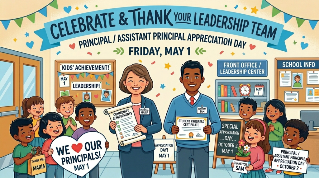 An illustration of a diverse school community celebrating Principal and Assistant Principal Appreciation Day. In the center, they hold community achievements scrolls and a student progress certificate. They are surrounded by cheering and clapping students holding appreciation gifts and signs. One prominent white heart sign reads, "WE ❤️ OUR PRINCIPALS! MAY 1". Colorful banners across the top of the illustration read, "CELEBRATE & THANK YOUR LEADERSHIP TEAM PRINCIPAL / ASSISTANT PRINCIPAL APPRECIATION DAY FRIDAY, MAY 1". Other signs around the school include, "KIDS’ ACHIEVEMENT!", "FRONT OFFICE / LEADERSHIP CENTER", and "SCHOOL INFO".