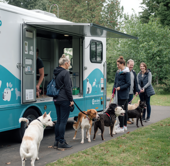 Picture of people and dogs standing in front of a mobile pet clinic