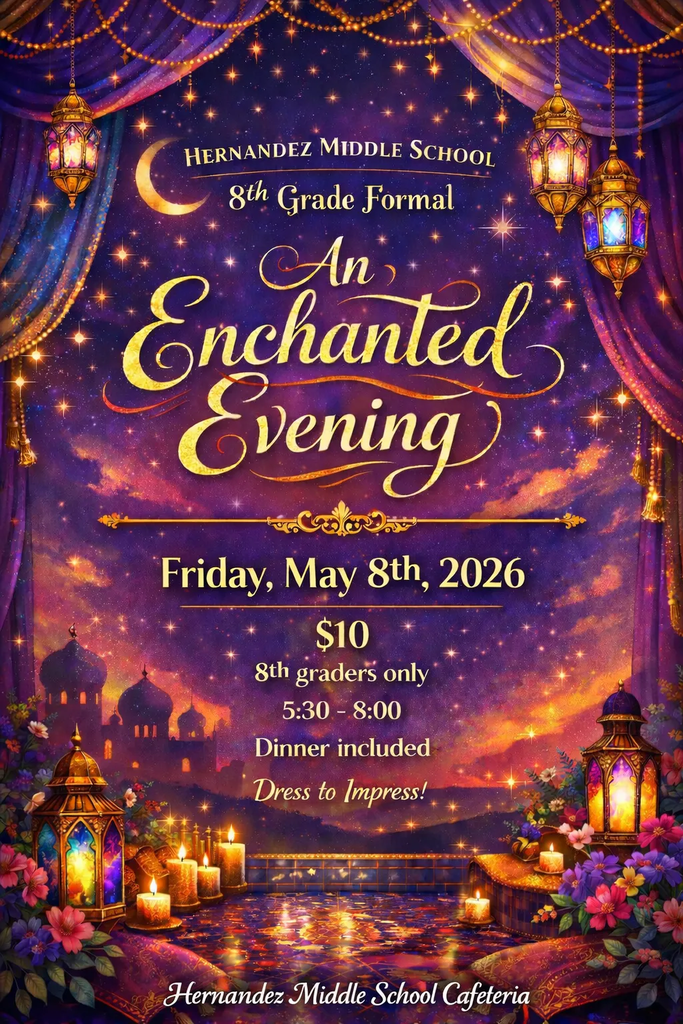 We are excited to invite all 8th grade students to this year’s Formal, themed “An Enchanted Evening!” Join us for a magical night filled with dinner, music, and memories with friends.
