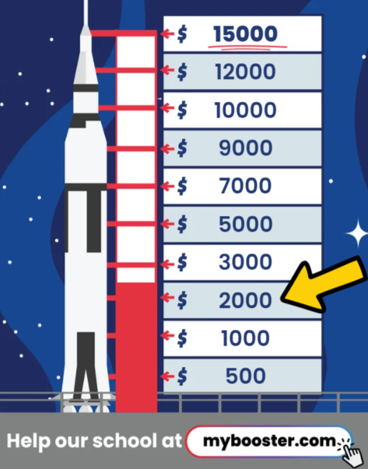 Decorative Picture of a Rocket with monetary values on the left to help Robertson Elementary collect fund  vis mybooster.com