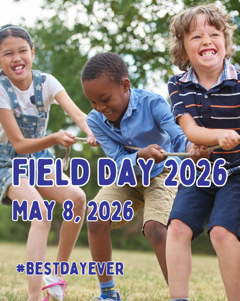 A photograph of three young children laughing and playing tug-of-war outdoors on a grassy field. The child in the foreground is a boy with curly hair in a striped shirt, followed by a boy in a blue button-down, and a girl in denim overalls in the background. Large, bold blue text with a white outline is centered over the image, reading "FIELD DAY 2026" and "MAY 8, 2026." At the bottom left, the hashtag "#BESTDAYEVER" is written in the same blue font.