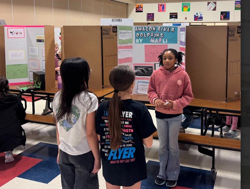 Two students standing listening to another student speak in front of trifold about Amazon River Dolphins, set on a table