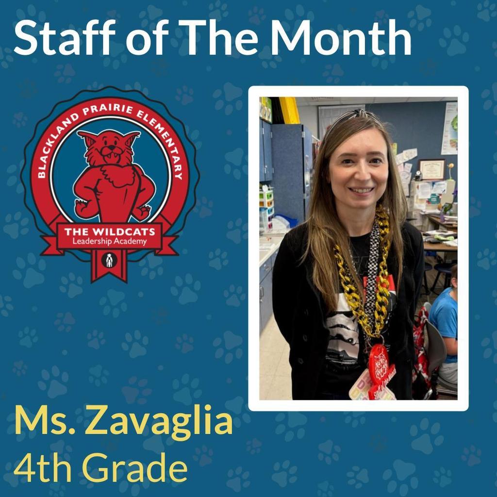 Staff of the Month graphic for Blackland Prairie Elementary featuring a photo of 4th Grade teacher Ms. Zavaglia. Includes the school Wildcat logo and blue background with paw prints.