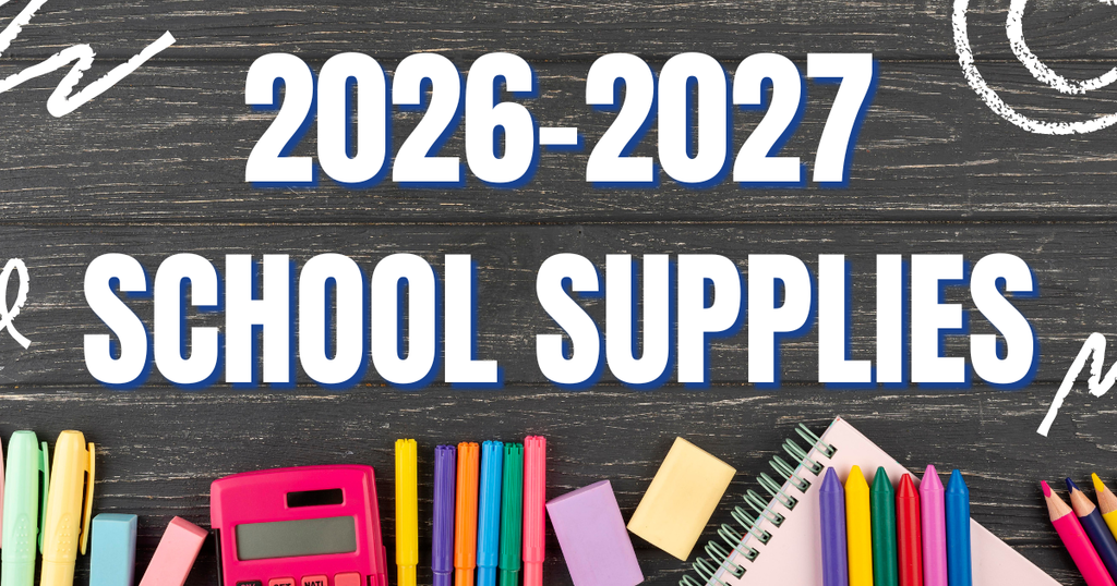 A horizontal banner image for the 2026-2027 school year featuring the text "SCHOOL SUPPLIES" in large, bold white capital letters with a blue outline. The text is set against a dark, rustic wood background decorated with white chalk-style doodles. Along the bottom of the frame, various colorful school supplies are arranged, including markers, a pink calculator, erasers, a spiral notebook, crayons, and colored pencils.