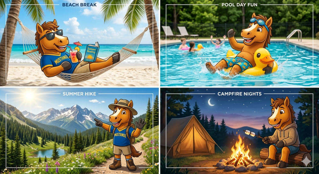 Postacard showing Marty the Mustang reading, swimming, hiking and camping.