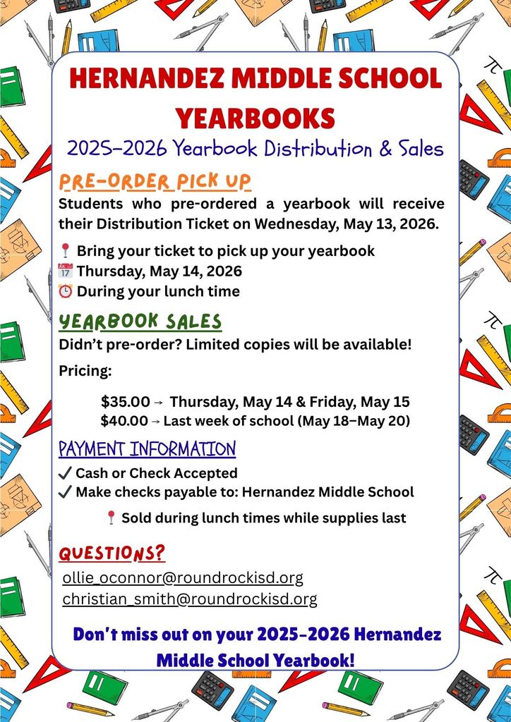 HERNANDEZ MIDDLE SCHOOL YEARBOOKS  2025–2026 Yearbook Distribution & Sales