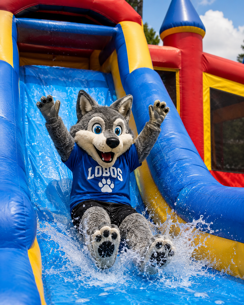 Lobo mascot going down an inflatable water slide