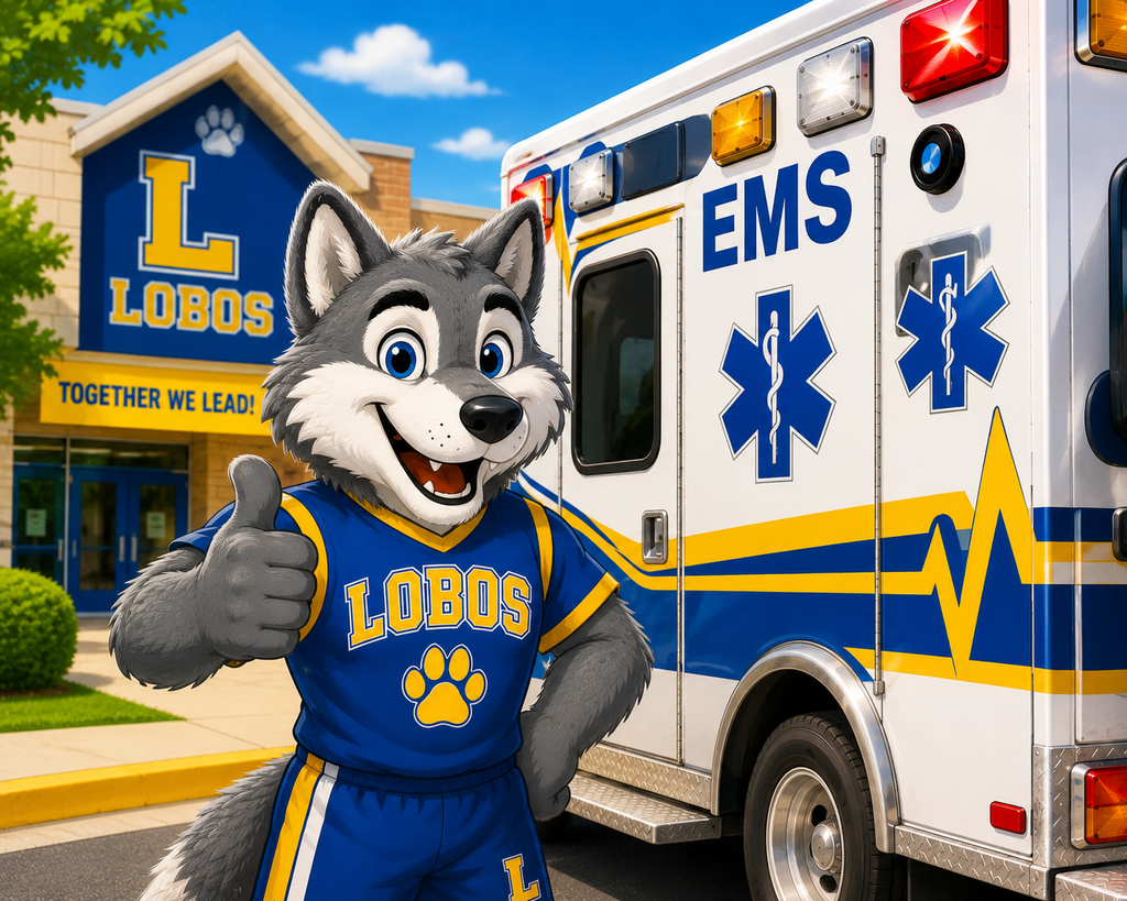 School mascot, Lobo, standing outside of the school next to an ambulance with their thumb up.