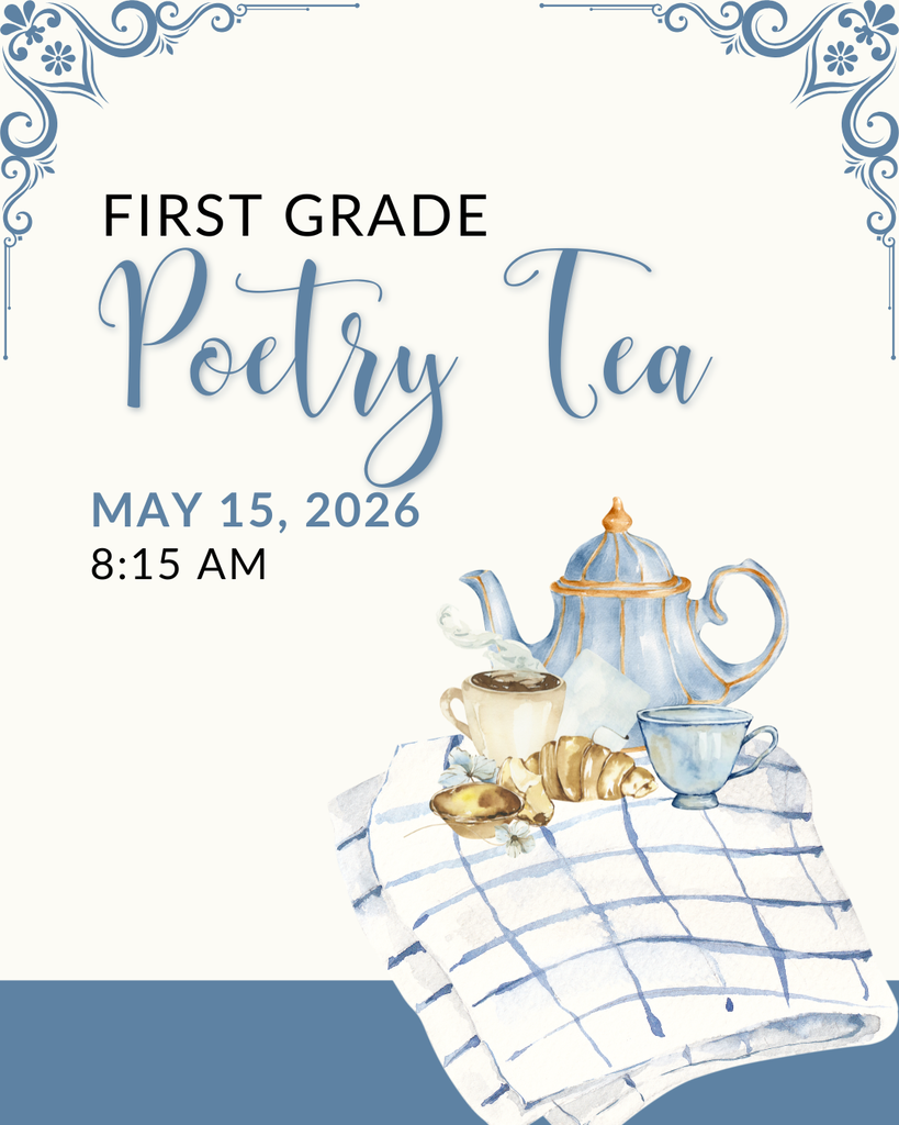 An event flyer for Fern Bluff Elementary featuring a watercolor illustration of a blue teapot, teacups, and pastries on a blue and white checkered napkin. The top corners are decorated with blue ornate flourishes. The text reads: "First Grade Poetry Tea, May 15, 2026, 8:15 AM." The bottom of the flyer has a solid blue horizontal border.