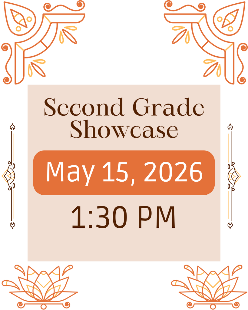 An event flyer for the "Second Grade Showcase" featuring warm orange and gold tones. The central text is set against a light beige square, with the date "May 15, 2026" highlighted in a bold orange rounded box and the time "1:30 PM" displayed below. The design is framed by intricate, symmetrical bohemian-style illustrations including lotus flowers at the bottom and decorative flourishes in the corners and along the sides.
