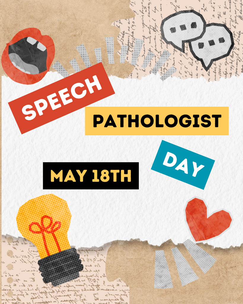 A collage-style digital flyer for "Speech Pathologist Day" on May 18th. The design features torn paper textures and scrapbook-style elements, including a pair of red lips, speech bubbles, a glowing lightbulb, and a red heart. The text is displayed on colorful tilted rectangles: "SPEECH" in white on red, "PATHOLOGIST" in black on yellow, "DAY" in white on blue, and "MAY 18TH" in yellow on black. The background includes snippets of vintage cursive handwriting.