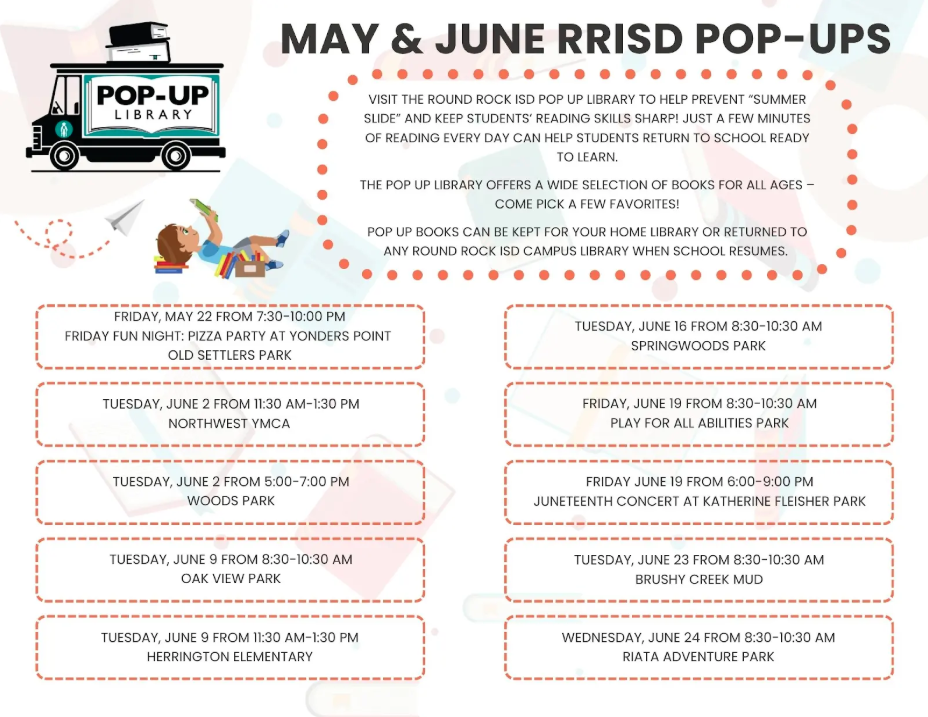 May and June Pop Up Library Graphic. All info included in the description.