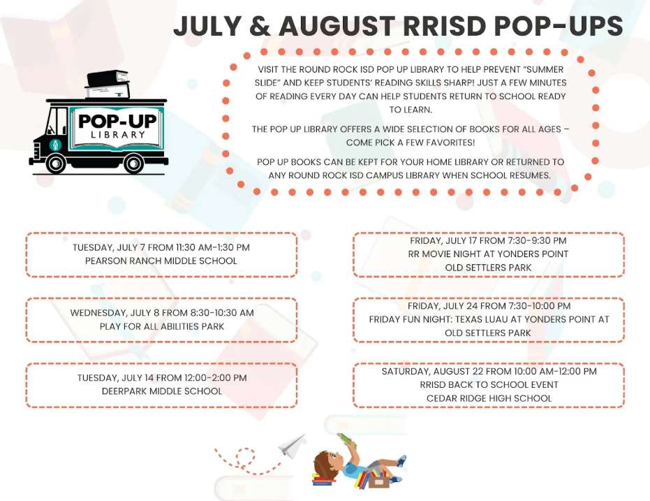 Flyer for July and August Pop Up Library. All info  is included in the description.