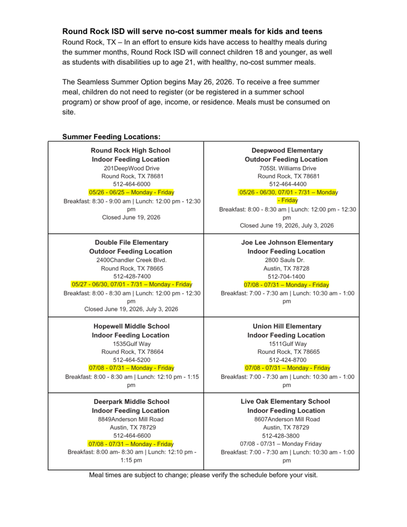 Round Rock ISD Summer Breakfast and Lunch program locations