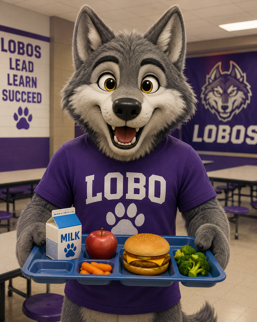 Round Rock ISD Free Breakfast and Lunch Summer Program. Image of Lobo holding a lunch tray.