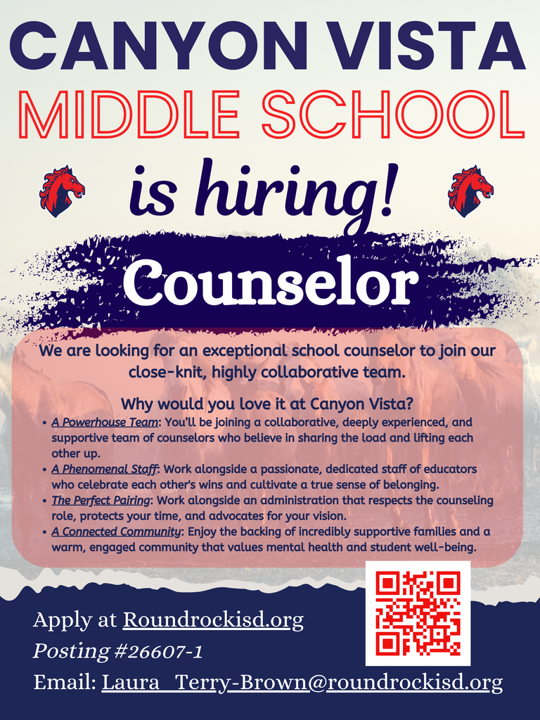 Canyon Vista is looking to hire a counselor for the next school year. Apply at Roundrockisd.org or email Laura_Terry-Brown@roundrockisd.org