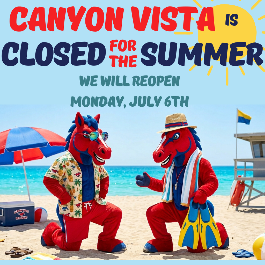 Canyon Vista is closed for the summer. We will reopen Monday, July 6th. Two red and blue horses on the beach.