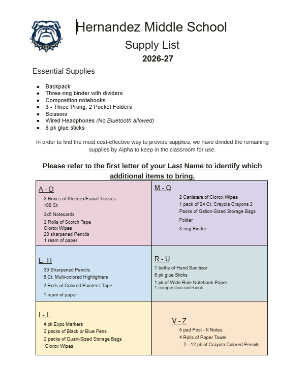 Hernandez Middle School  2026-2027 Supply List 