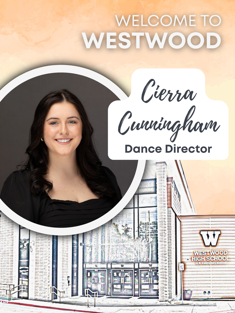 Graphic with orange background and watercolor image of school building with photos of Cierra Cunningham, Dance Director
