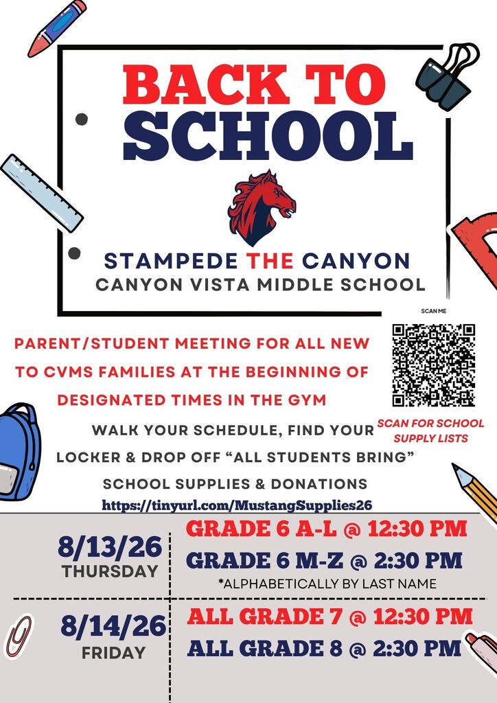 Stampede the Canyon dates are 8/13/26 for all 6th graders and 8/14/26 for all 7th and 8th graders.