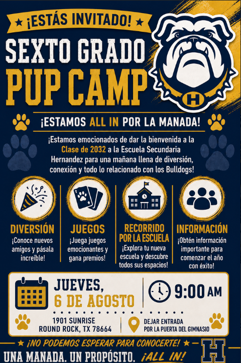 6th Grade Pup Camp is almost here!  Aug. 6th 9AM - 11:30AM