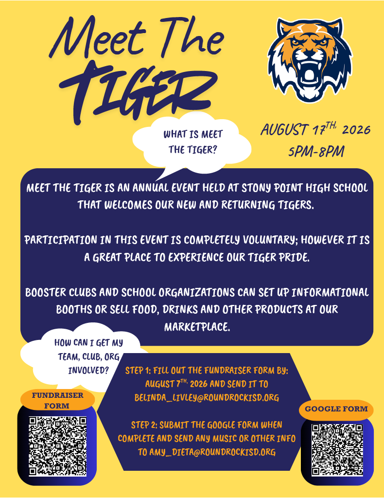 Promotional flyer for Stony Point High School's Meet the Tiger 2026 event taking place August 17th from 5 PM to 8 PM. It outlines the event timeline including setup at 4 PM, marketplace from 5 to 6:45 PM in the Small Gym, and a parade/pep rally from 7 to 8 PM in the Competition Gym. The flyer provides instructions for clubs and booster organizations to get involved by August 7th via QR codes and email contacts.