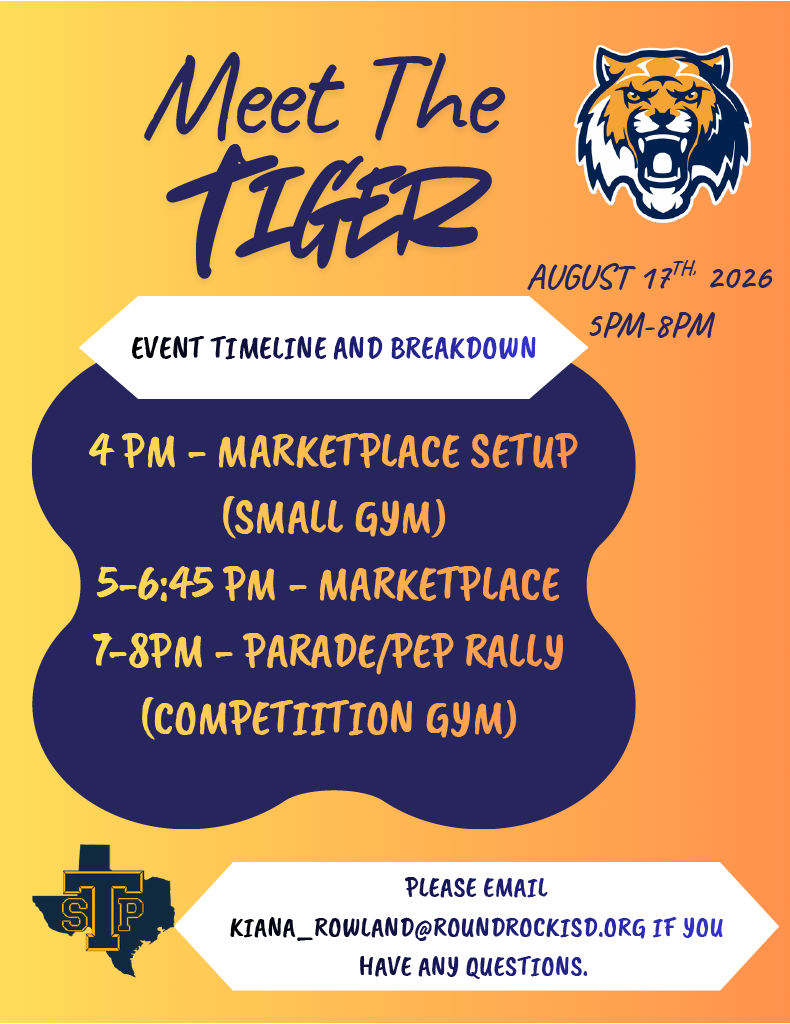 Promotional flyer for Stony Point High School's Meet the Tiger 2026 event taking place August 17th from 5 PM to 8 PM. It outlines the event timeline including setup at 4 PM, marketplace from 5 to 6:45 PM in the Small Gym, and a parade/pep rally from 7 to 8 PM in the Competition Gym. The flyer provides instructions for clubs and booster organizations to get involved by August 7th via QR codes and email contacts.