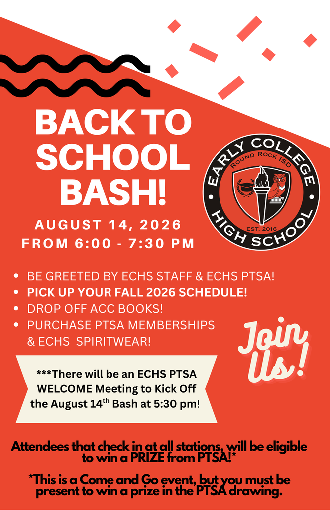 BACK TO SCHOOL BASH! AUGUST 14, 2026 FROM 6:00 - 7:30 PM BE GREETED BY ECHS STAFF & ECHS PTSA! PICK UP YOUR FALL 2026 SCHEDULE! DROP OFF ACC BOOKS! PURCHASE PTSA MEMBERSHIPS & ECHS SPIRITWEAR! ***There will be an ECHS PTSA WELCOME Meeting to Kick Off the August 14th Bash at 5:30 pm!Join Us! Attendees that check in at all stations, will be eligible to win a PRIZE from PTSA! **This is a Come and Go event, but you must be present to win a prize in the PTSA drawing.