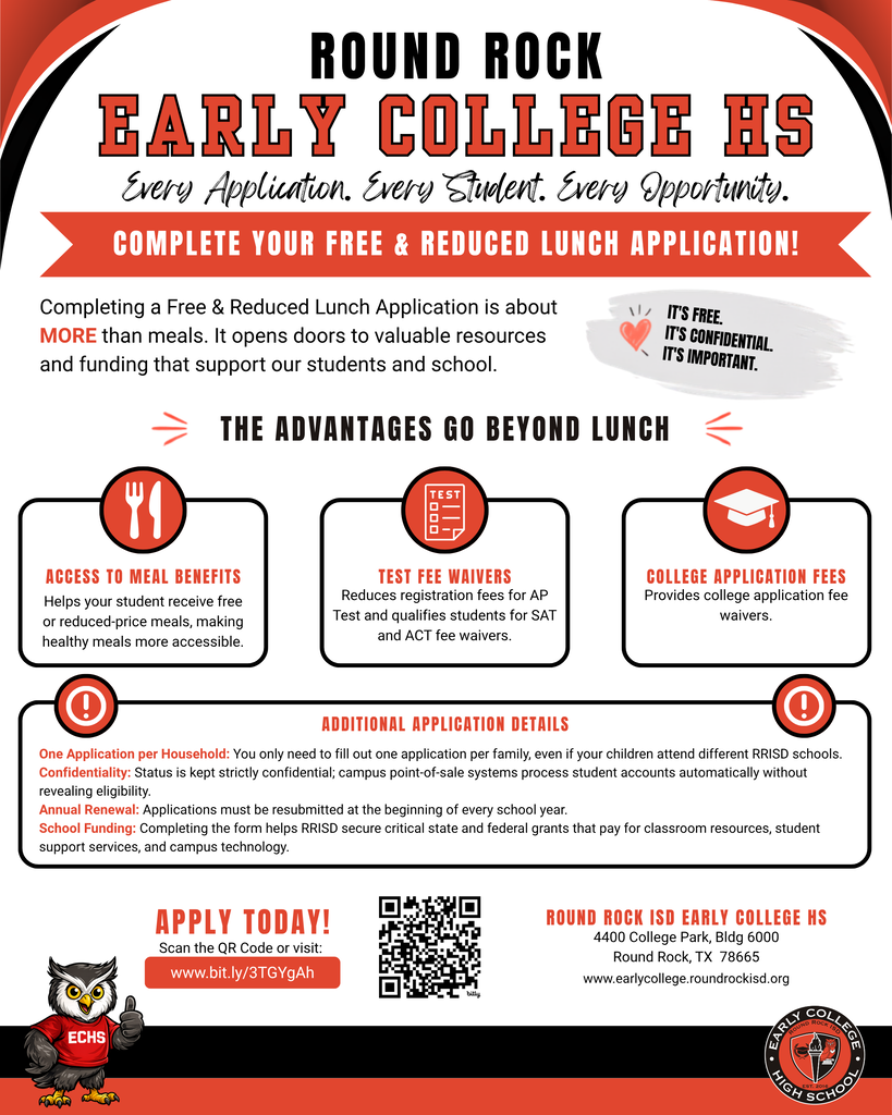 Complete your Free and Reduced Lunch Application  Completing a Free & Reduced Lunch Application is about MORE than meals. It opens doors to valuable resources and funding that support our students and school.   It's Free. It's Confidential. It's Important.   Access to Meal Benefits Helps your student receive free or reduced-price meals, making healthy meals more accessible.   Test Fee Waivers Reduces registration fees for AP tests and qualifies students for SAT and ACT fee waivers.   College Application Fees Provides college application fee waivers.    Additional Application Details One Application per Household: You only need to fill out one application per family, even if your children attend different RRISD schools.  Confidentiality: Status is kept strictly confidential; campus point-of-sale systems process student accounts automatically without revealing eligibility.  Annual Renewal: Applications must be resubmitted at the beginning of every school year.  School Funding: Completing the form helps RRISD secure critical state and federal grants that pay for classroom resources, student support services, and campus technology.  You can apply today by visiting: bit.ly/3TGYgAh