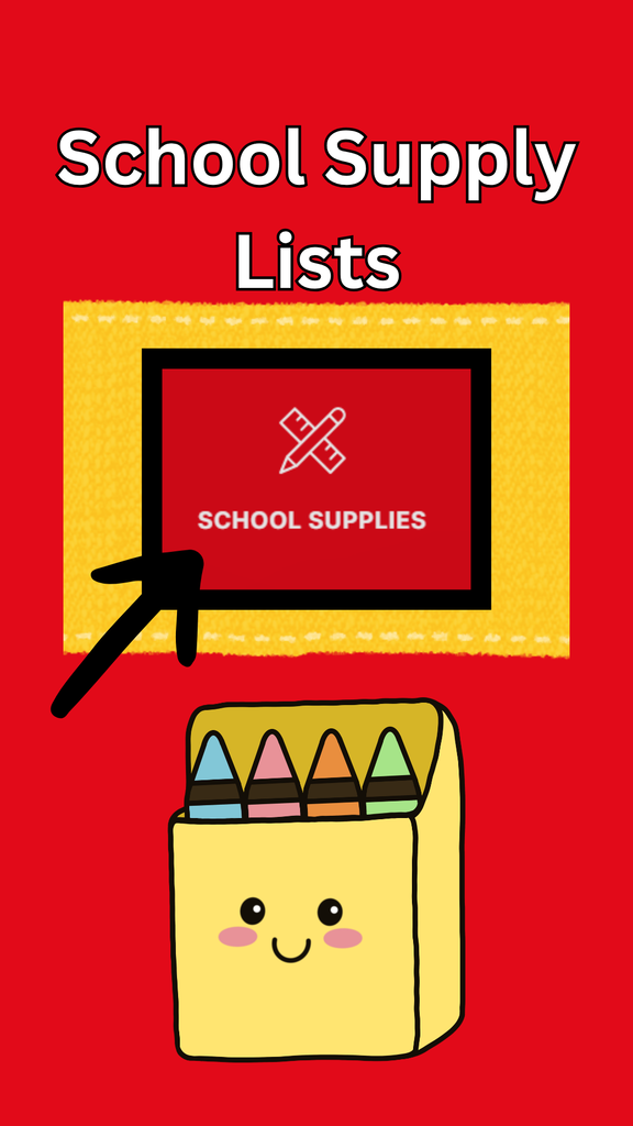 School Supply List with an arrow pointing to the school supply icon and a box of crayons.