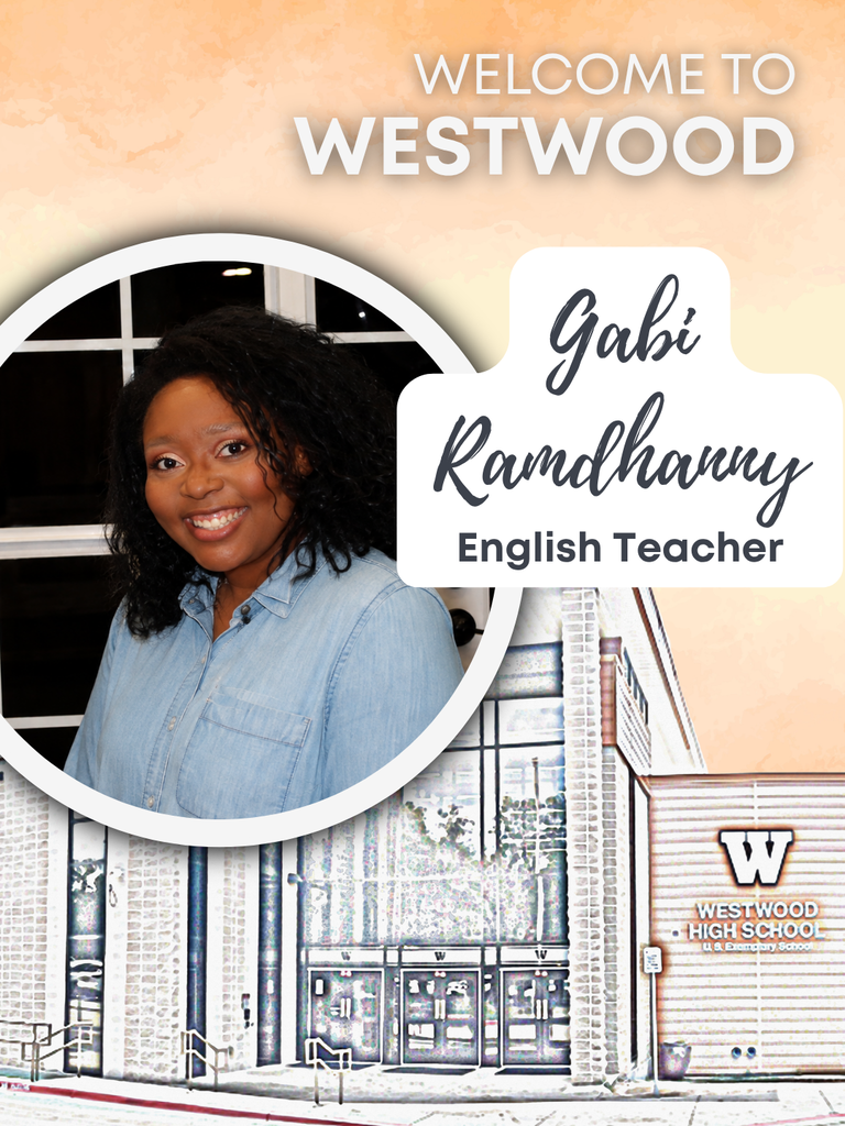 Welcome to Westwood Gabi Ramdhanny teacher, photo of Ms. Ramdhanny with water color photo of Westwood building in the background